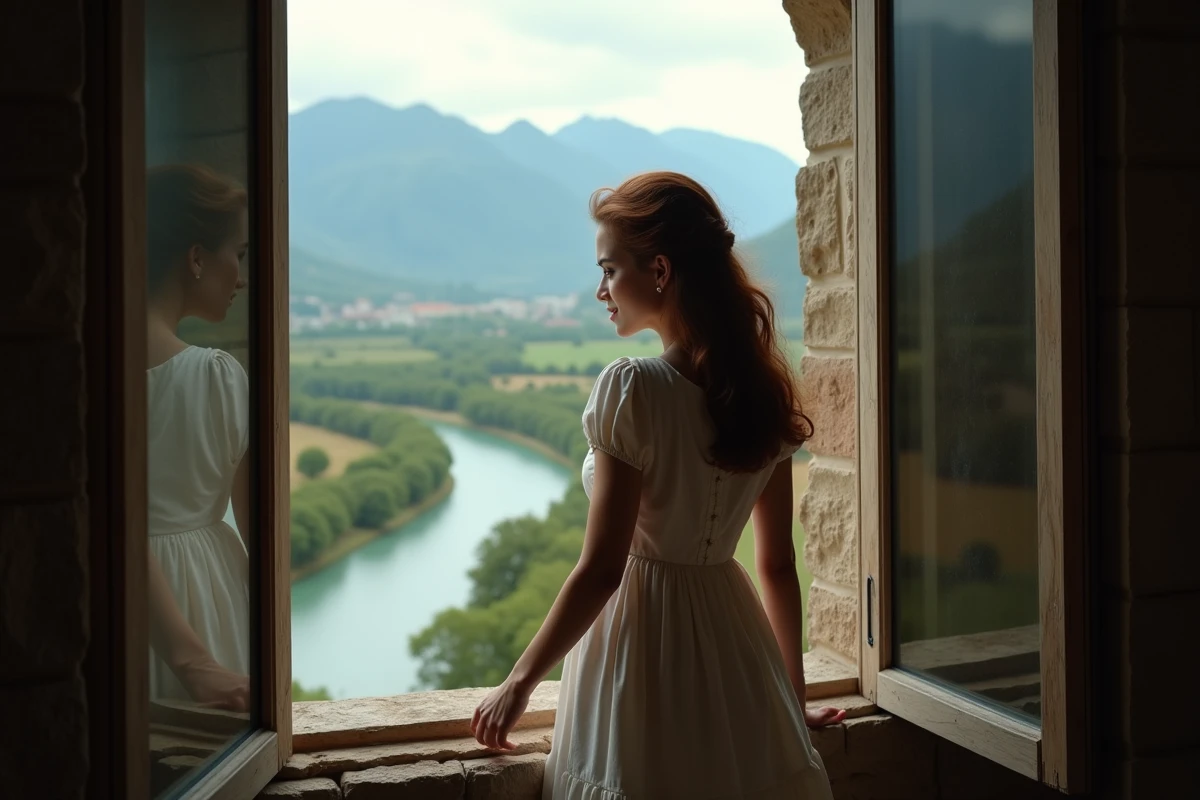 Jeune femme regardant par une fenêtre avec paysage champêtre en arrière-plan