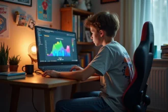 Jeune garçon concentré sur son ordinateur portable avec graphique de jeu