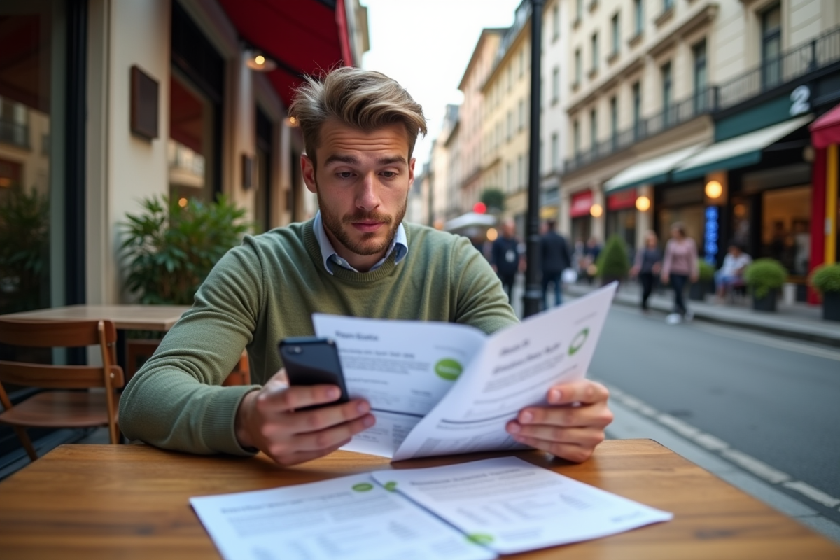 Jeune homme lisant des brochures dans un café urbain