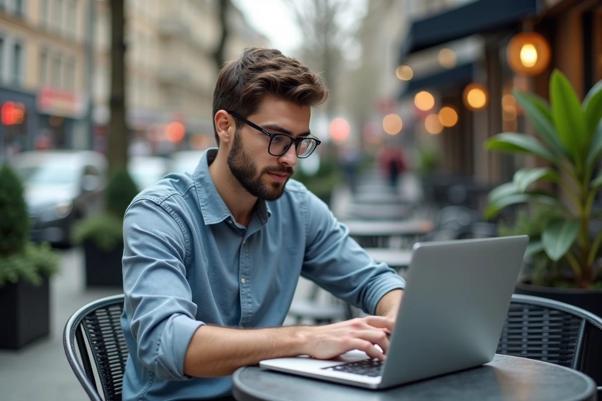 Jeune homme comparant ebooks de romance sur son laptop en extérieur