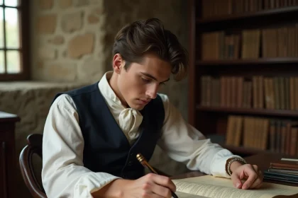 Jeune homme lisant Le Rouge et le Noir de Stendhal à un bureau d'époque en bois avec des pages manuscrites
