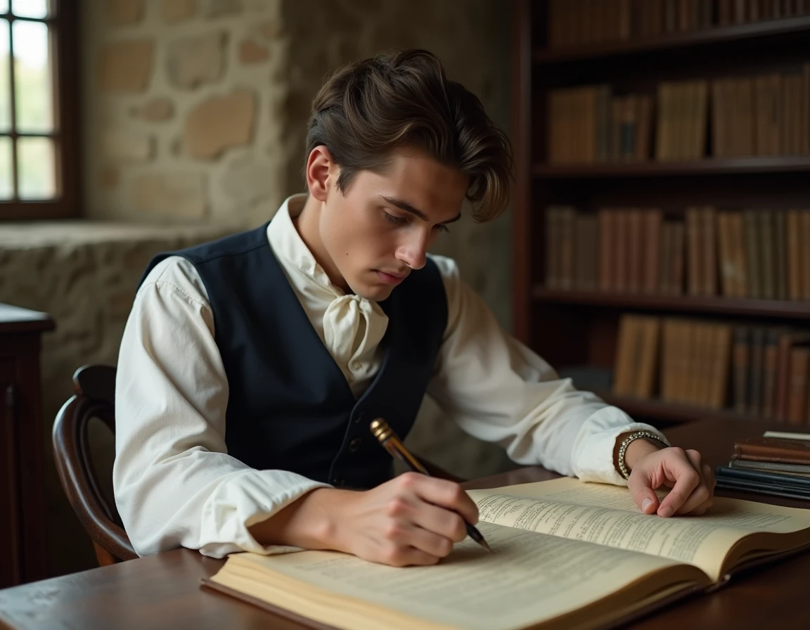 Jeune homme lisant Le Rouge et le Noir de Stendhal à un bureau d'époque en bois avec des pages manuscrites