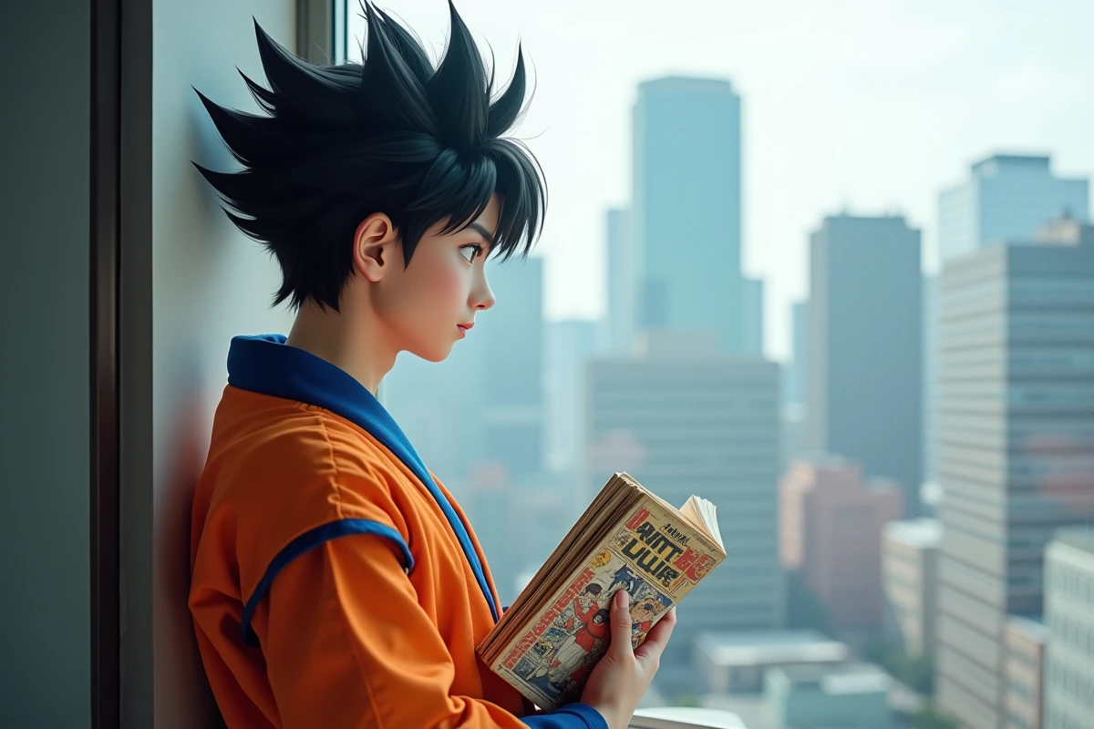 Jeune homme en uniforme de manga regardant la ville
