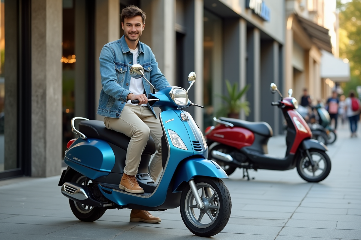 Jeune homme avec moto Dax 50cc devant concession