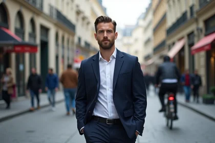 Jeune homme d'affaires dans une rue parisienne moderne