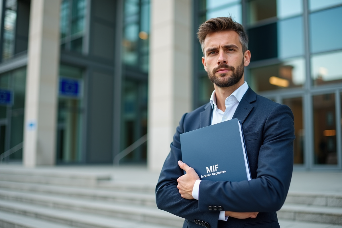Jeune homme avec dossier devant bâtiment gouvernemental