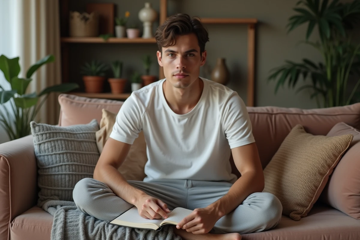 Jeune homme méditant en écrivant dans son salon