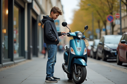 Jeune garçon avec scooter 50cc en ville