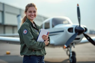 Jeune femme pilote avec checklist près d'un avion léger