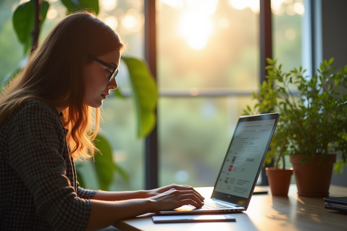 Jeune professionnel vérifiant ses emails dans un bureau lumineux