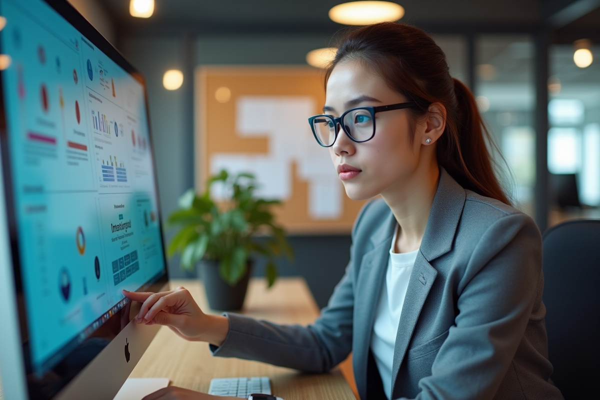 Jeune femme designer UI UX examinant wireframes sur écran