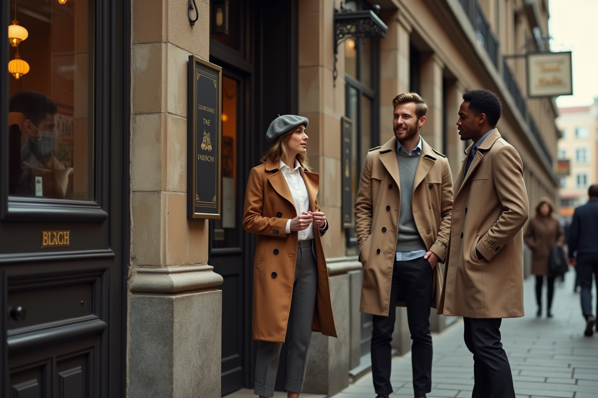 Jeunes discutant devant une boutique de mode ancienne
