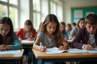 Groupe d'adolescents concentrés lors d'un examen scolaire