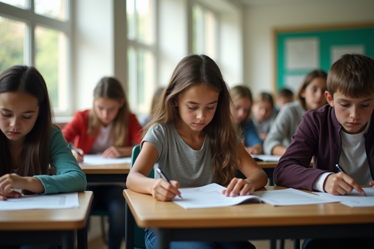 Groupe d'adolescents concentrés lors d'un examen scolaire