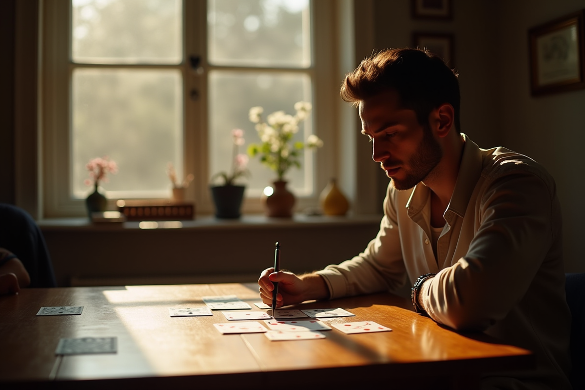 Personne jouant au solitaire à la maison dans une ambiance chaleureuse