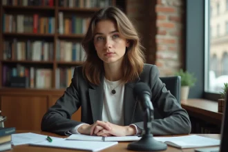 Jeune femme journaliste assise dans un bureau éditorial vintage, symbolisant le début de carrière de Léa Gillard dans les médias