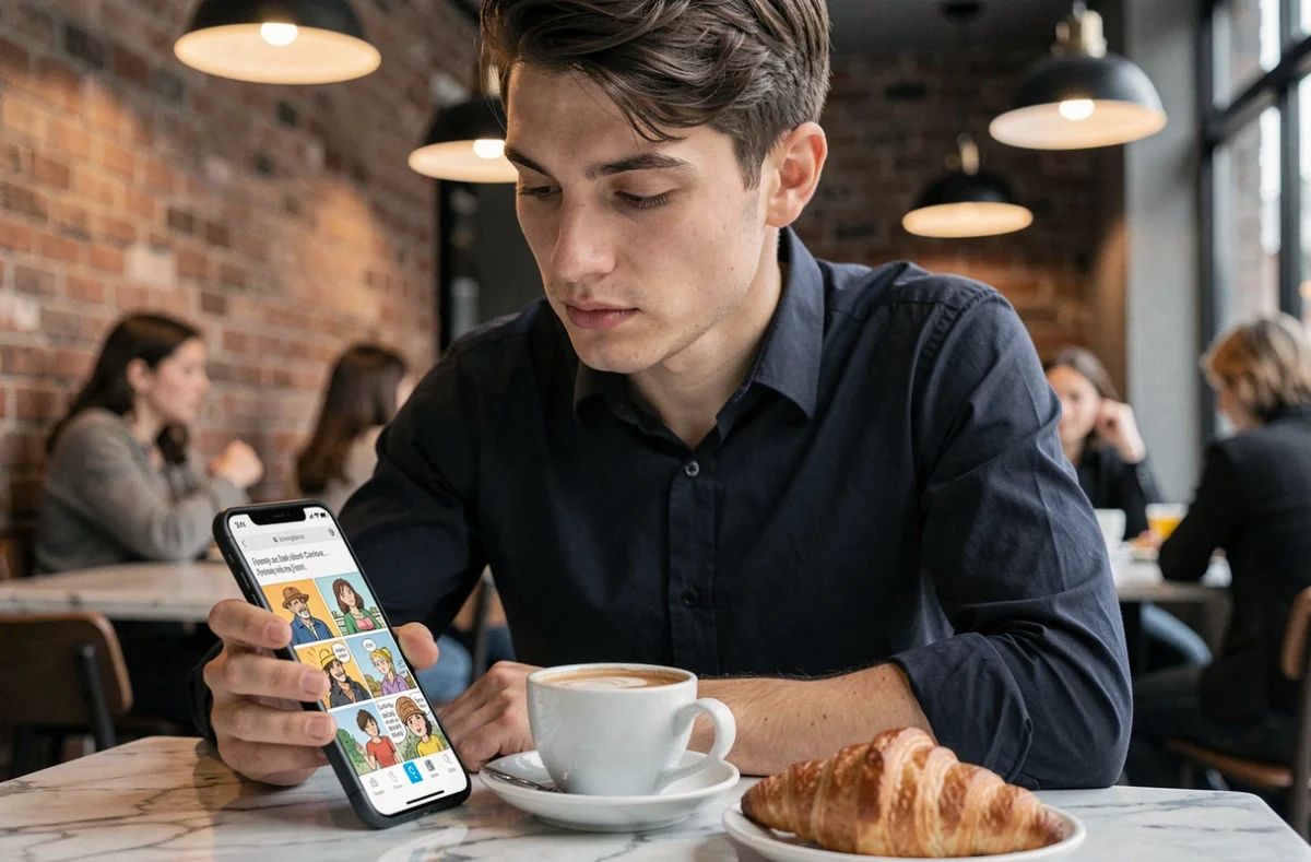 Jeune homme lisant un webtoon sur smartphone dans un café moderne avec une atmosphère urbaine et détendue