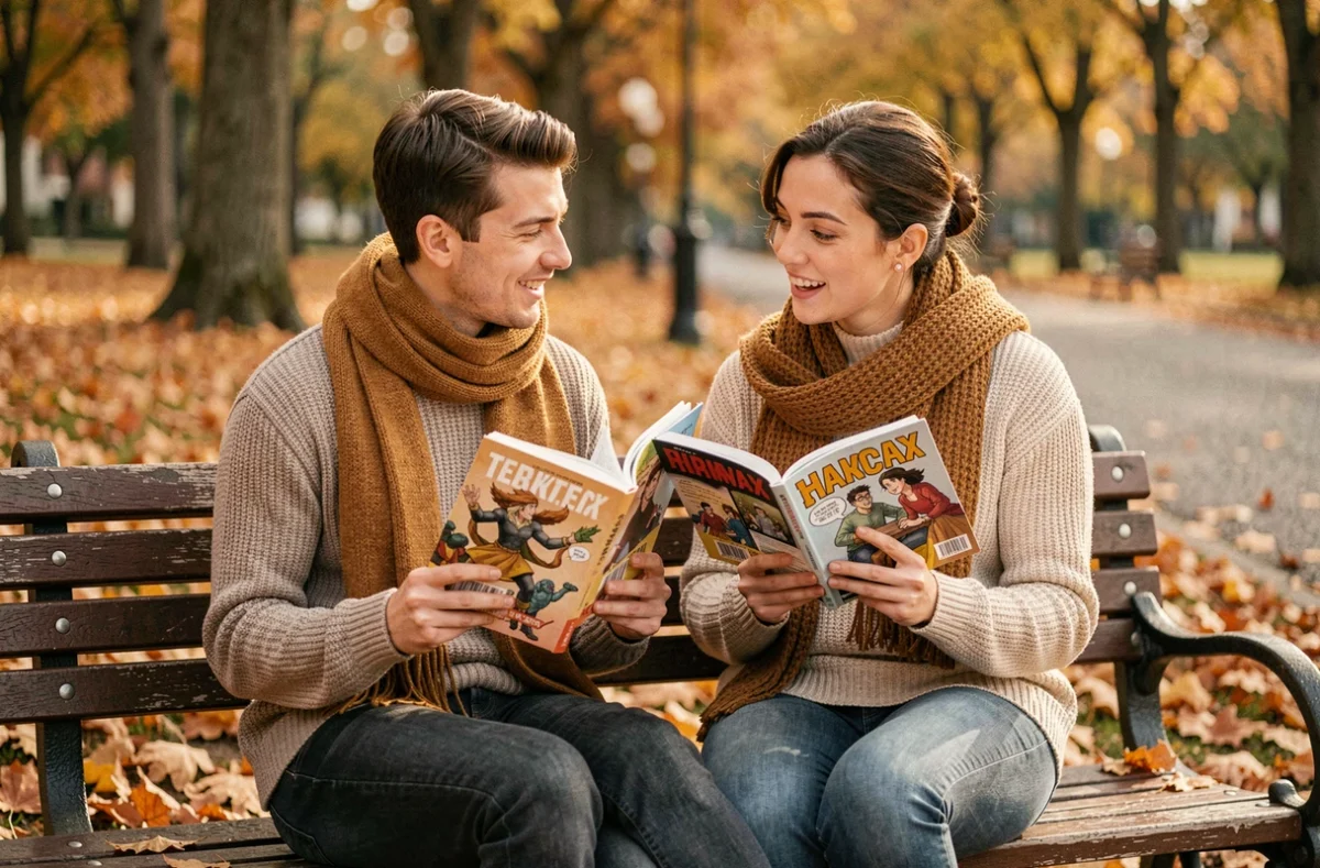 Deux lecteurs adultes sur un banc de parc en automne partageant leur passion pour les manhwa et mangas avec des volumes illustrés en main