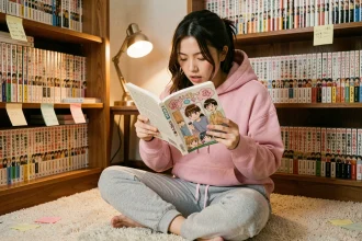 Jeune femme lisant un manga dans sa chambre entourée d'une bibliothèque remplie de volumes de mangas et manhwa