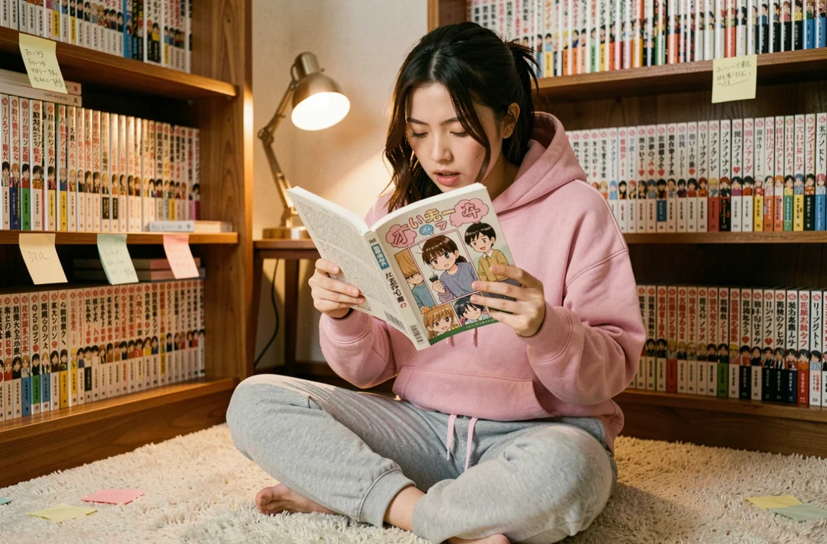 Jeune femme lisant un manga dans sa chambre entourée d'une bibliothèque remplie de volumes de mangas et manhwa