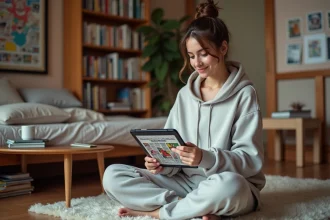 Jeune femme lisant un manga en VF sur tablette dans sa chambre entourée de volumes manga