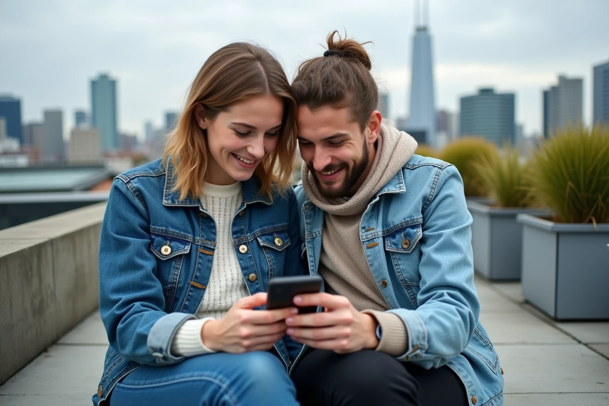 Deux jeunes adultes lisant ensemble un scan manga en VF sur smartphone en terrasse urbaine