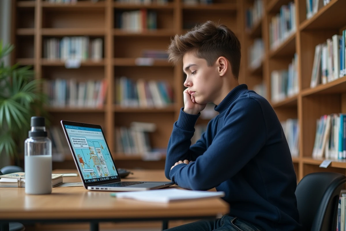 Adolescent lisant un webtoon en français sur ordinateur portable dans une bibliothèque moderne