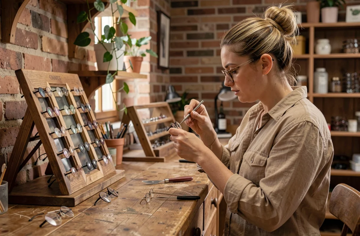 Intérieur artisanal de l'atelier Les Ateliers De La Vue avec opticienne ajustant des lunettes