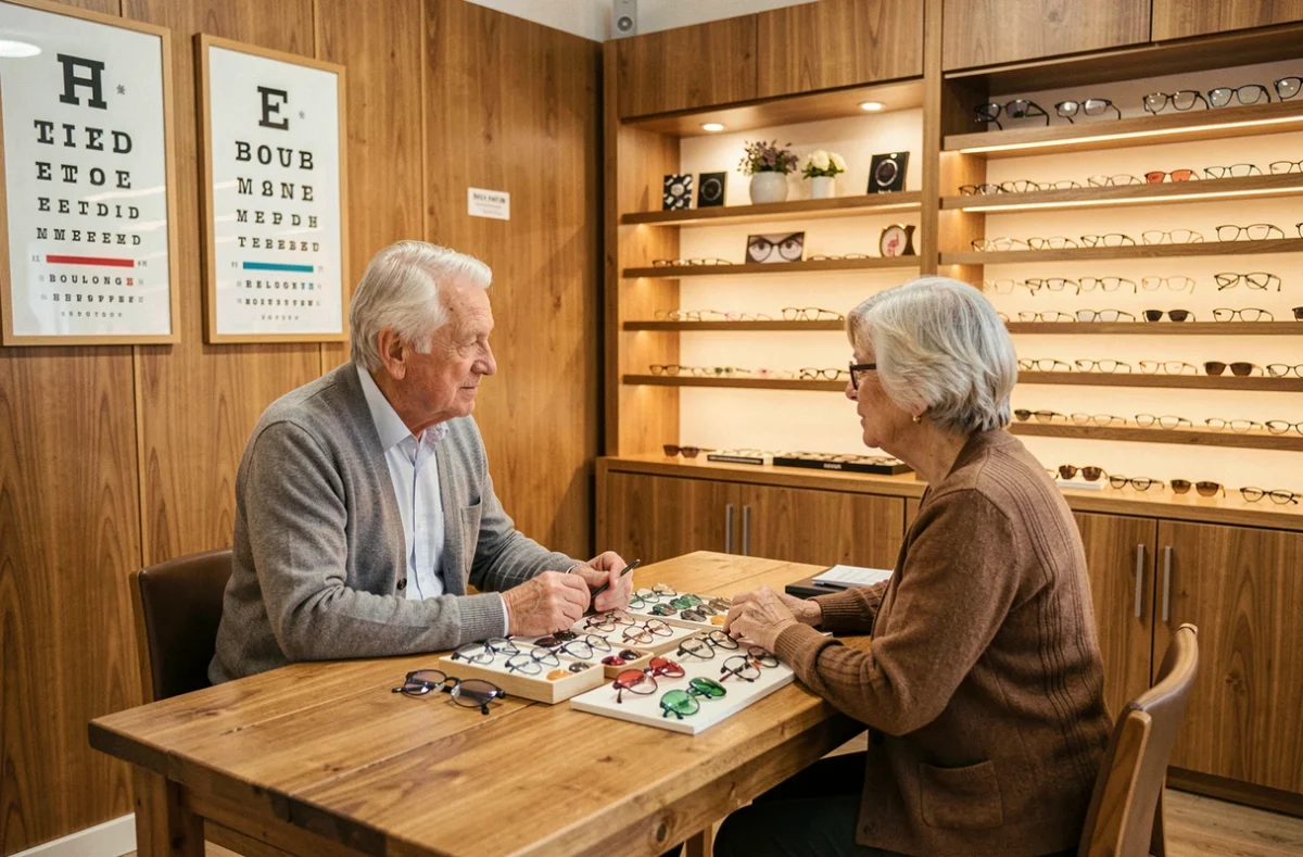 Opticien conseil de Boulogne expliquant les options de verres à une cliente âgée dans une boutique chaleureuse