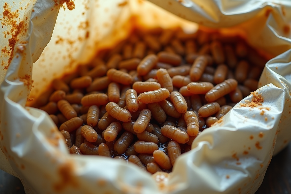Gros plan de maggots sur un emballage déchiré dans la poubelle