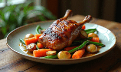 Magret de canard entouré de légumes rôtis colorés