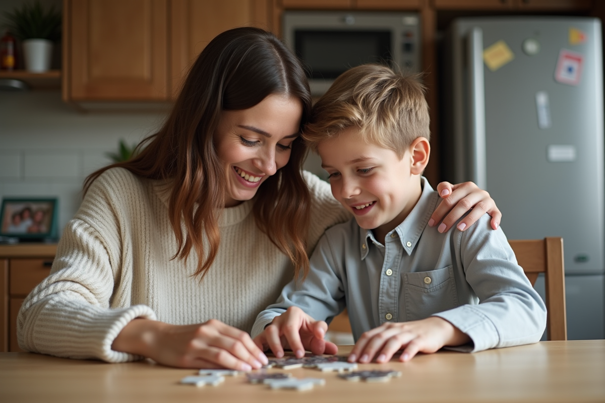 Femme et garçon jouant au puzzle dans la cuisine chaleureuse