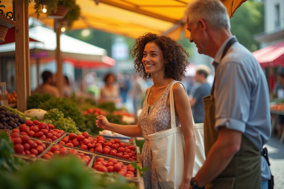 Jeune femme faisant ses courses au marché provençal un jour férié de mai 2026 en France