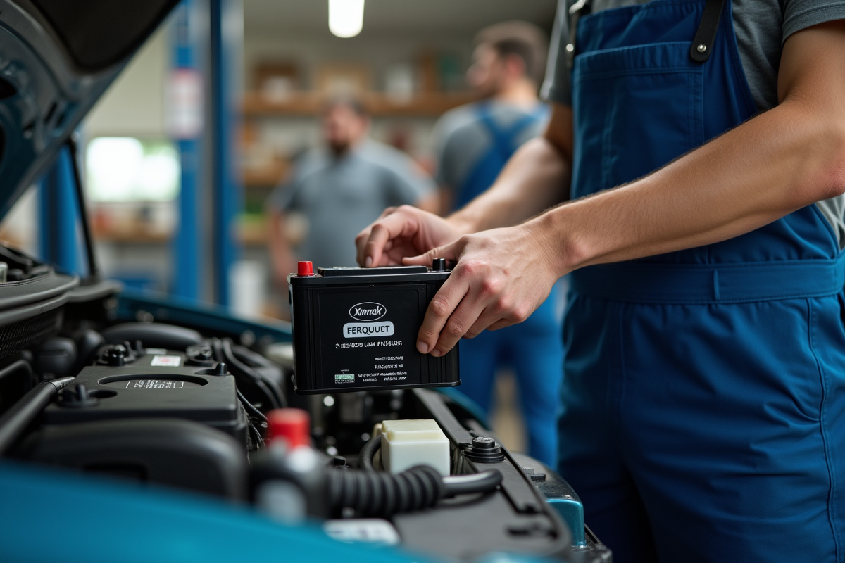 Mécanicien installant une batterie de voiture dans un garage ensoleille