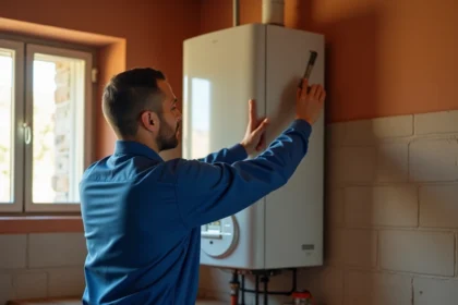 Technicien chauffagiste professionnel inspectant une chaudière moderne dans une maison provençale, outils posés sur l'établi, ambiance méditerranéenne authentique