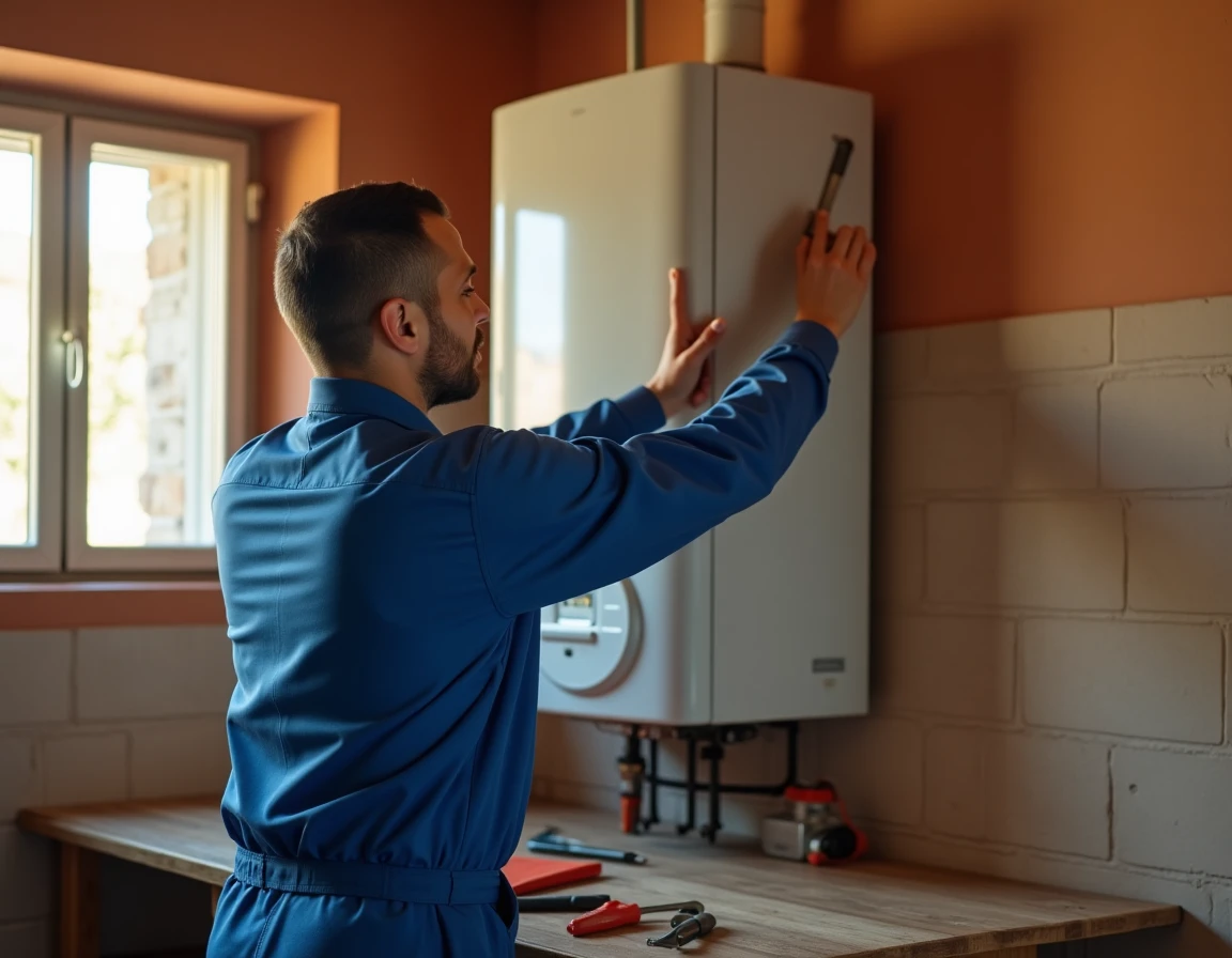 Technicien chauffagiste professionnel inspectant une chaudière moderne dans une maison provençale, outils posés sur l'établi, ambiance méditerranéenne authentique
