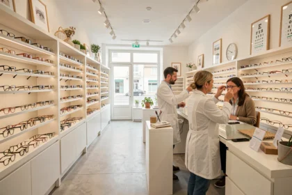 Intérieur d'une boutique d'opticien en Charente-Maritime avec présentoirs de lunettes et opticien conseillant une cliente