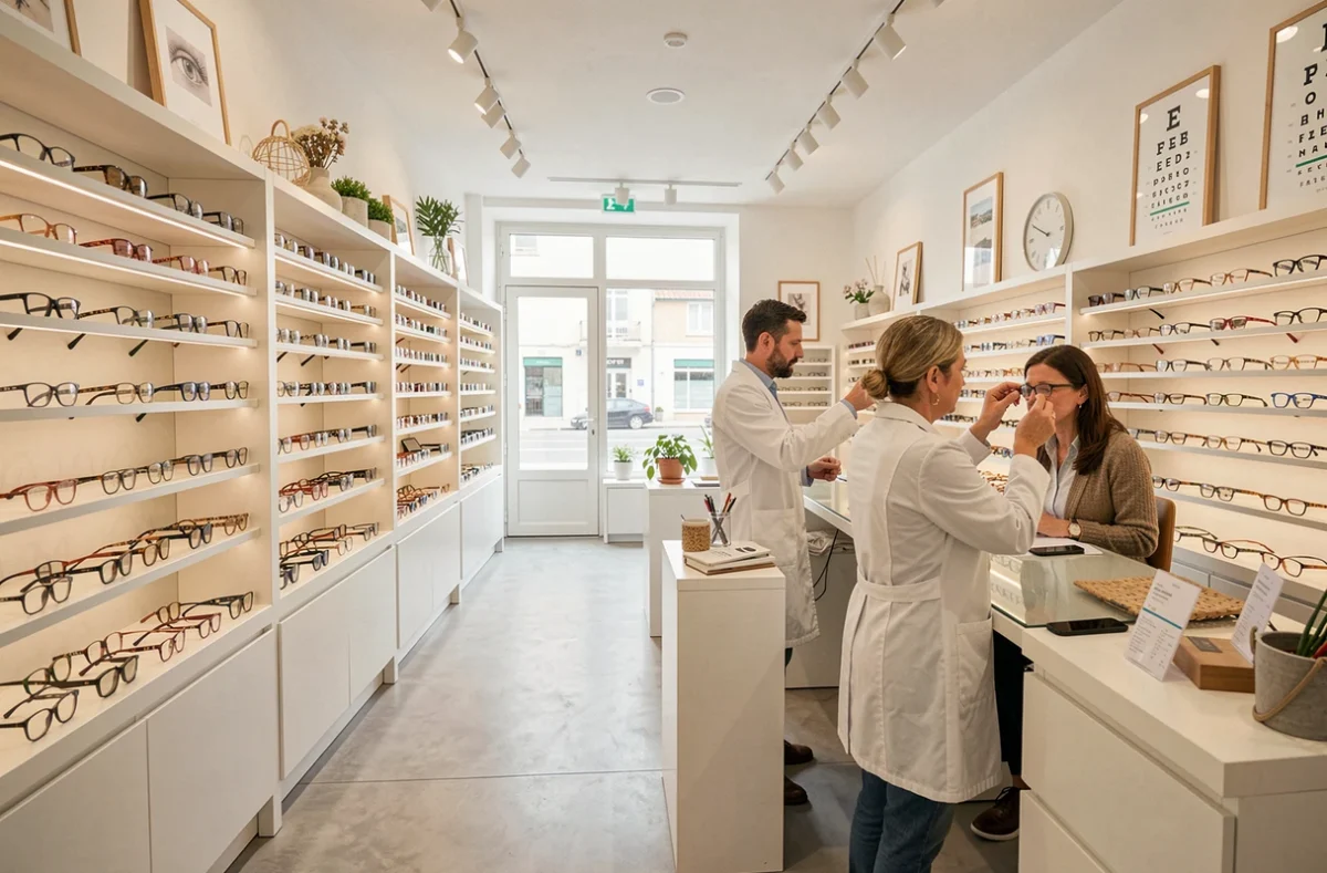 Intérieur d'une boutique d'opticien en Charente-Maritime avec présentoirs de lunettes et opticien conseillant une cliente