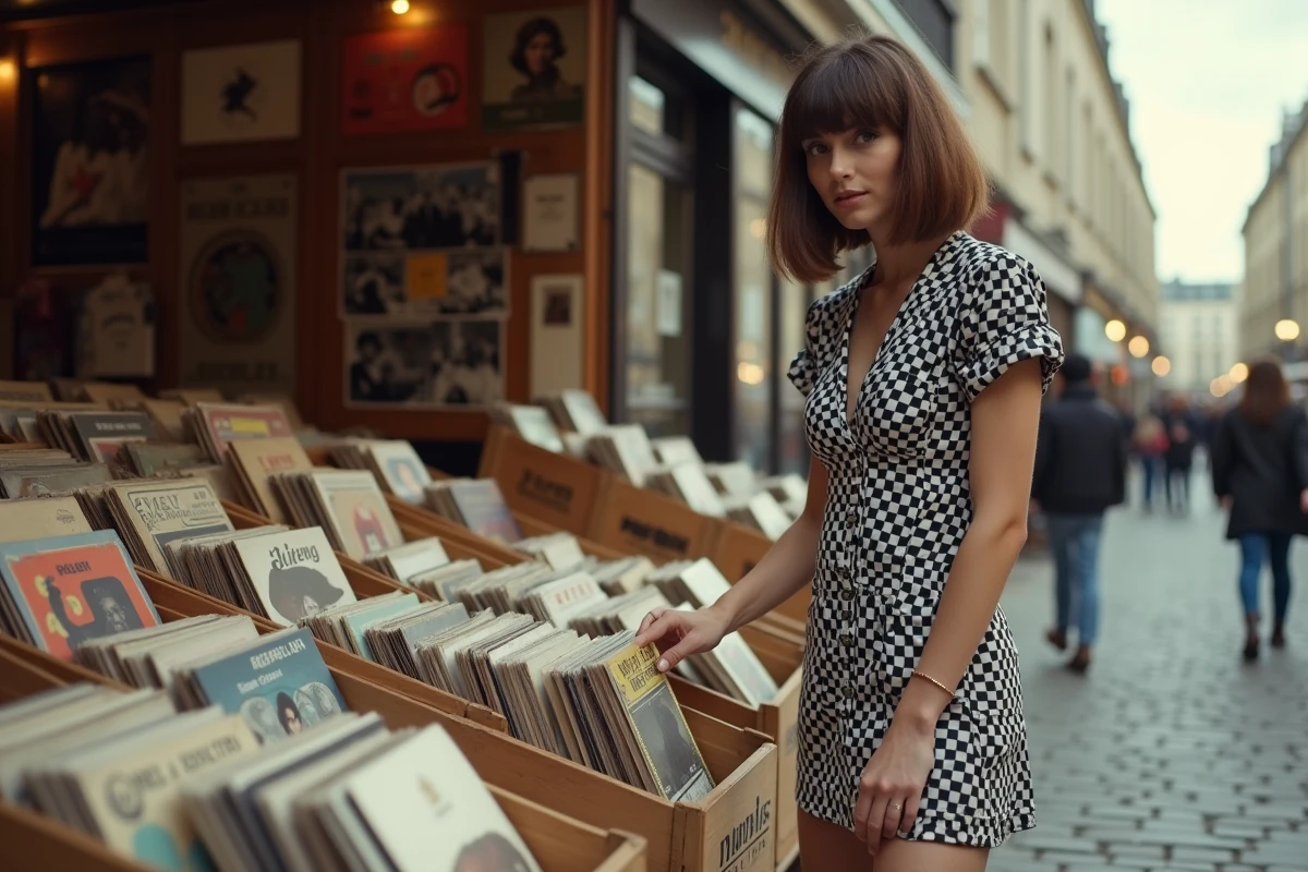 Jeune femme en tenue yéyé robe mini géométrique et bottes blanches feuilletant des disques vinyles sur un marché aux puces parisien