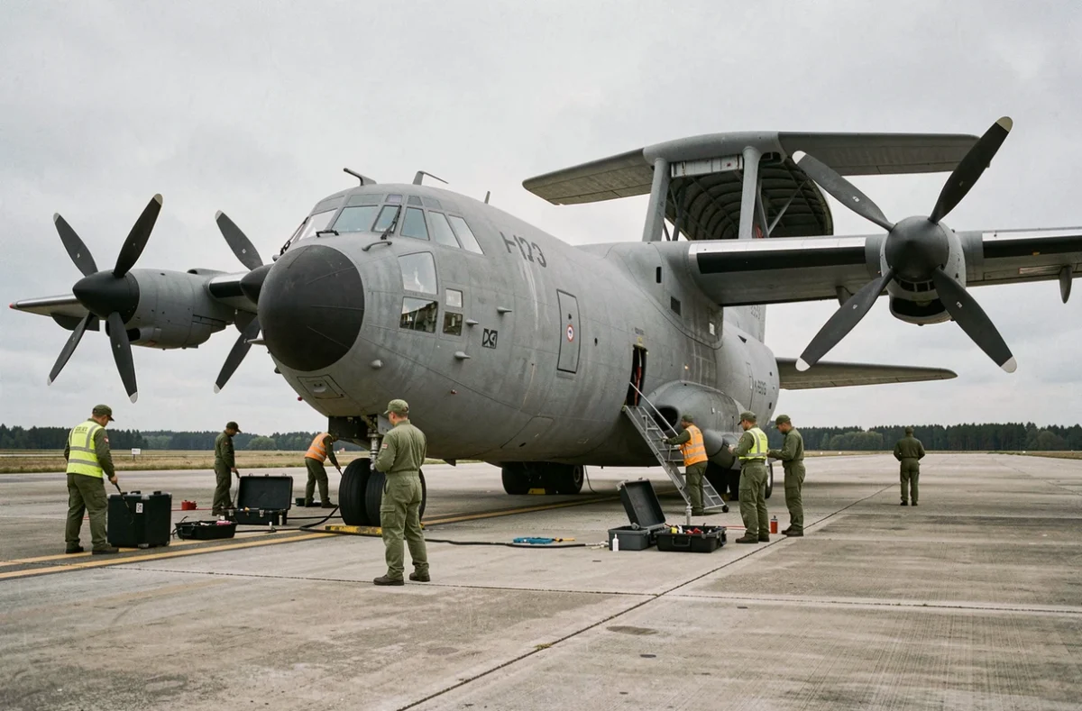 Techniciens militaires effectuant la maintenance d'un avion C-130 Hercules modernisé sur le tarmac d'une base aérienne militaire