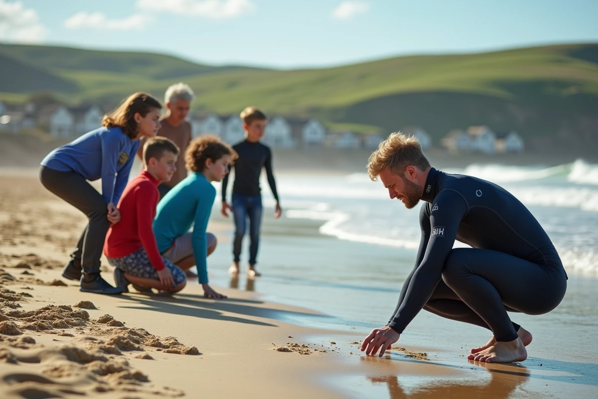 Moniteur de surf dessinant la marée dans le sable