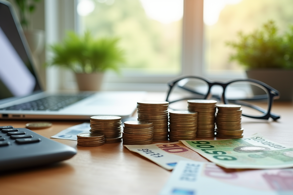 Tas de pièces et billets d euro avec calculatrice sur bureau