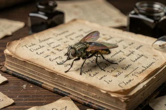 Mouche posée sur un journal de rêves ancien, symbolisant l'interprétation onirique des rêves de mouches