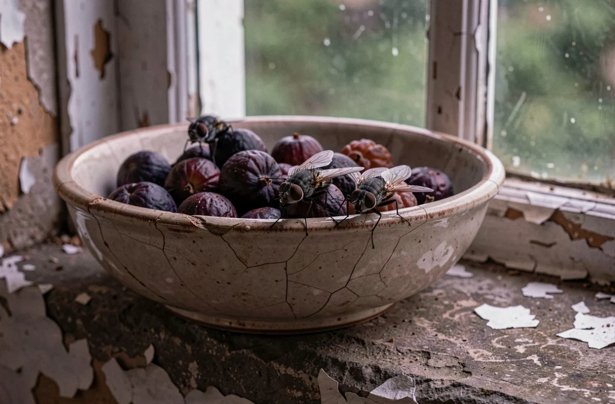 Mouches sur des fruits pourris symbolisant la transformation et la signification des rêves de mouches