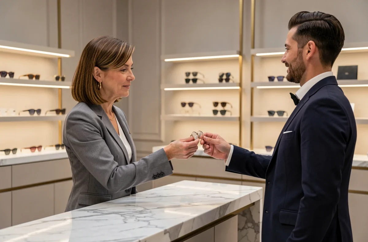 Boutique Optical Center Neuilly-sur-Seine avec opticienne présentant une monture haut de gamme