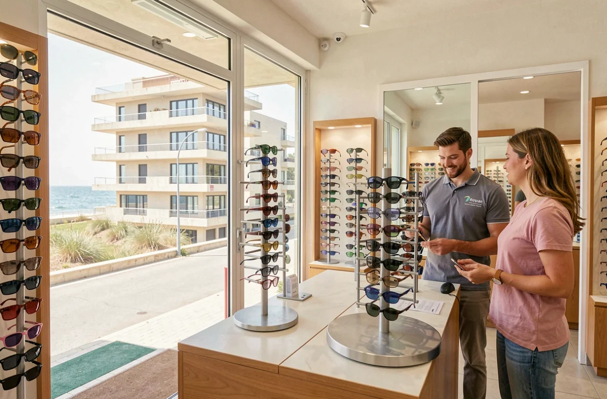 Optical Center Royan en zone balnéaire avec un opticien conseillant des clients sur des lunettes de soleil dans un cadre côtier