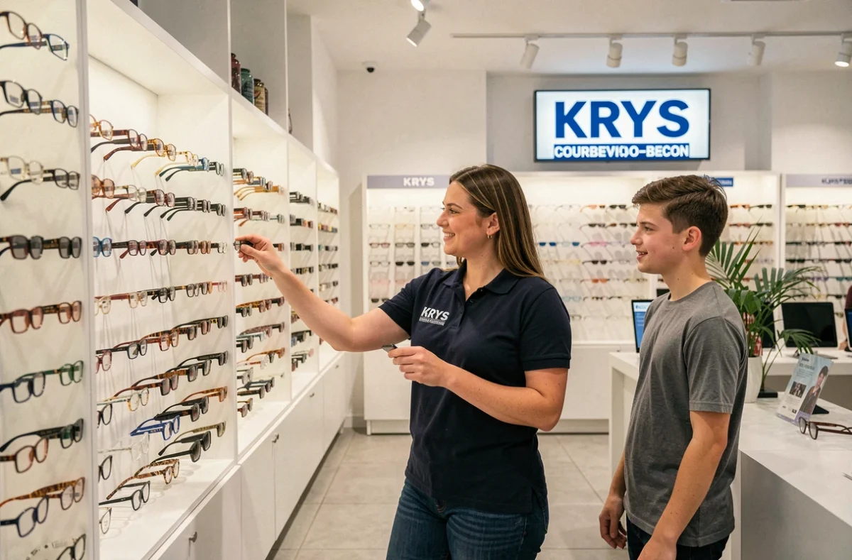 Magasin Krys Courbevoie Becon avec opticienne aidant un jeune client à choisir des montures