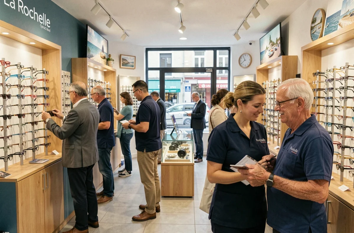 Magasin Krys au centre-ville de La Rochelle avec des clients parcourant les présentoirs de montures de lunettes
