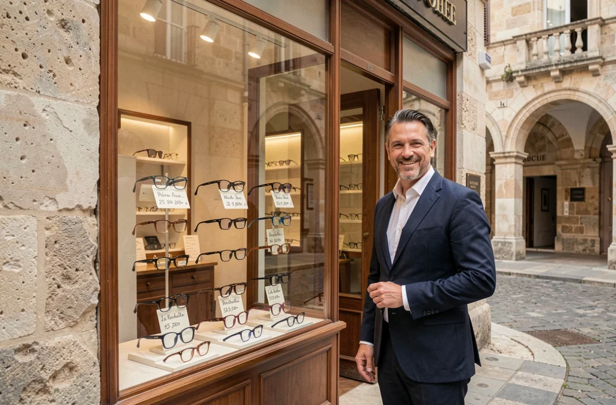 Devanture de l'opticien indépendant Optique Dupaty à La Rochelle avec une vitrine de lunettes créateurs