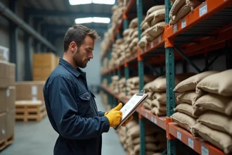 Ouvrier d'entrepôt consultant un tableau de conversion quintal-tonne avec des sacs de marchandises pesés sur des étagères industrielles